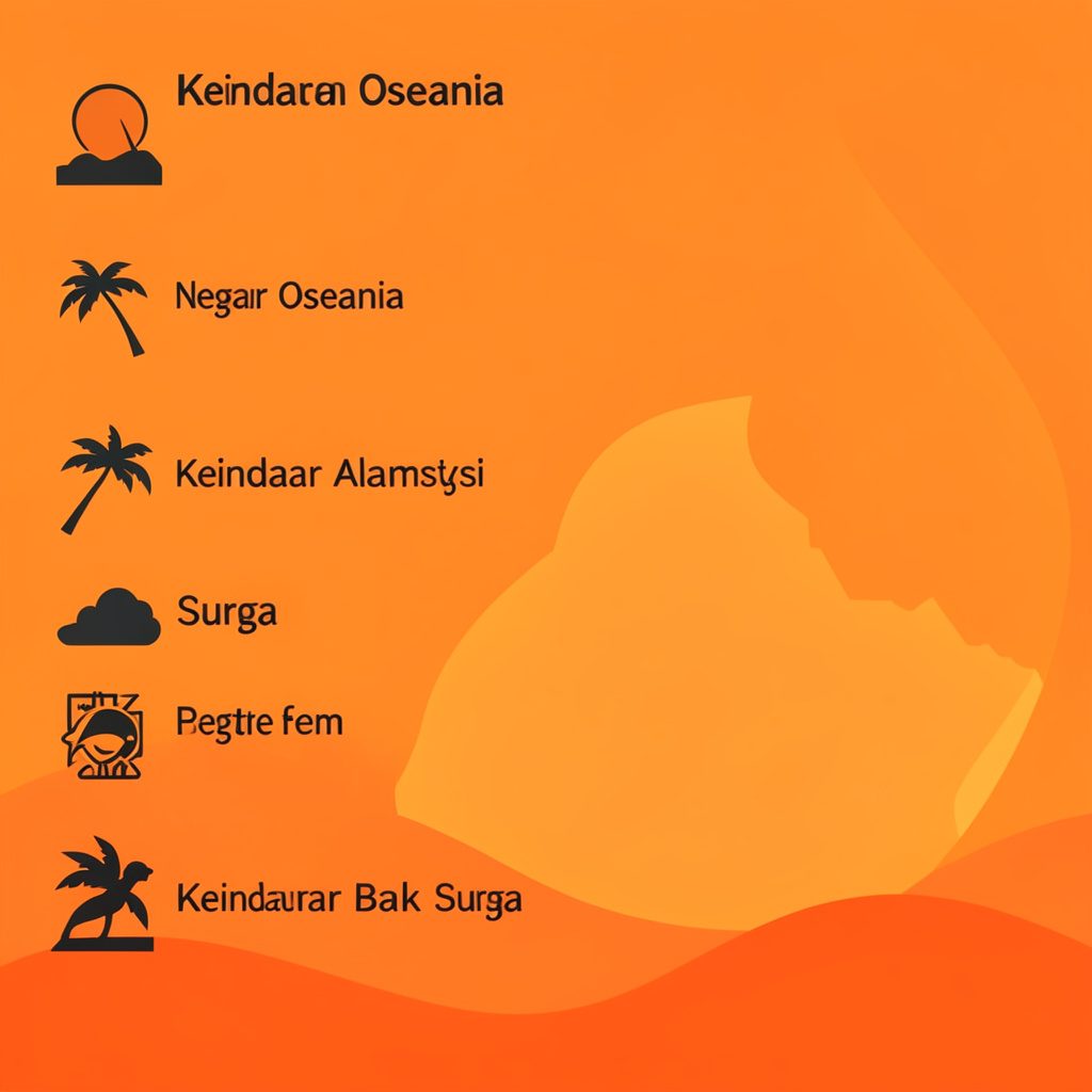 Ilustrasi dataran pulau tropis dengan garis pantai biru toska dan perbukitan hijau di bawah langit senja, nuansa hangat dan tenang.